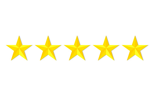 Quality stars rating. Customer review with gold star icon. 5 stars assessment of customer in flat style. Feedback concept. Quality rank. Appraisal, level rank. Positive review. vector isolated eps10
